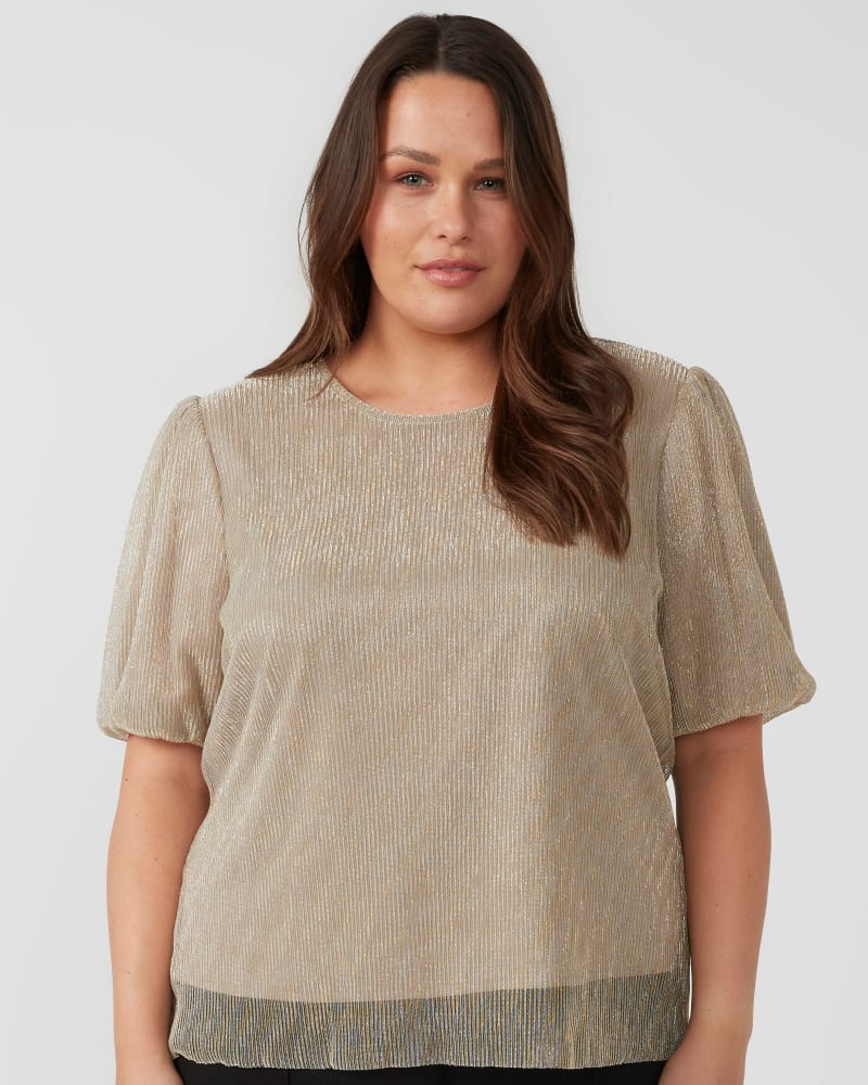 Front of a model wearing a size 22W Maxime Pleated Top in Gold by Estelle. | dia_product_style_image_id:349504